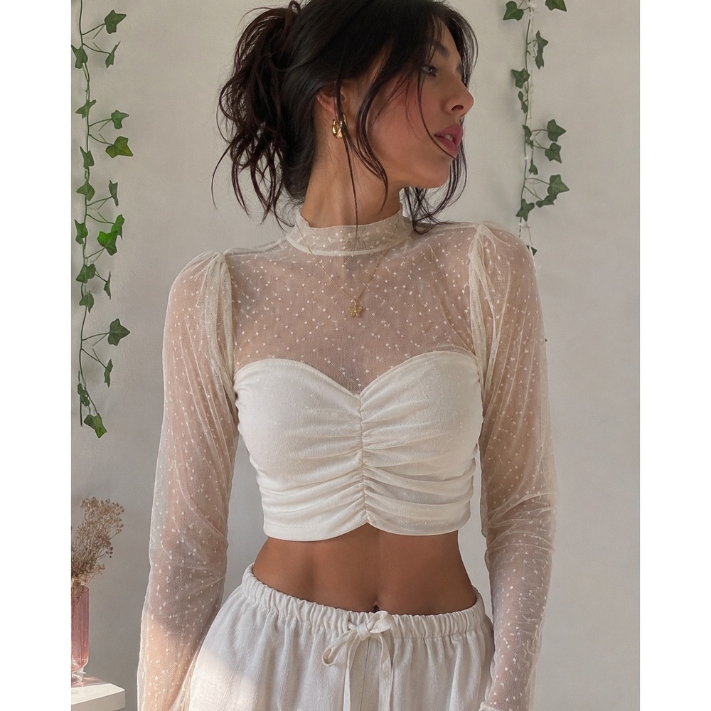 Ambiance White Sheer Polka Dot Long Sleeve Crop Top